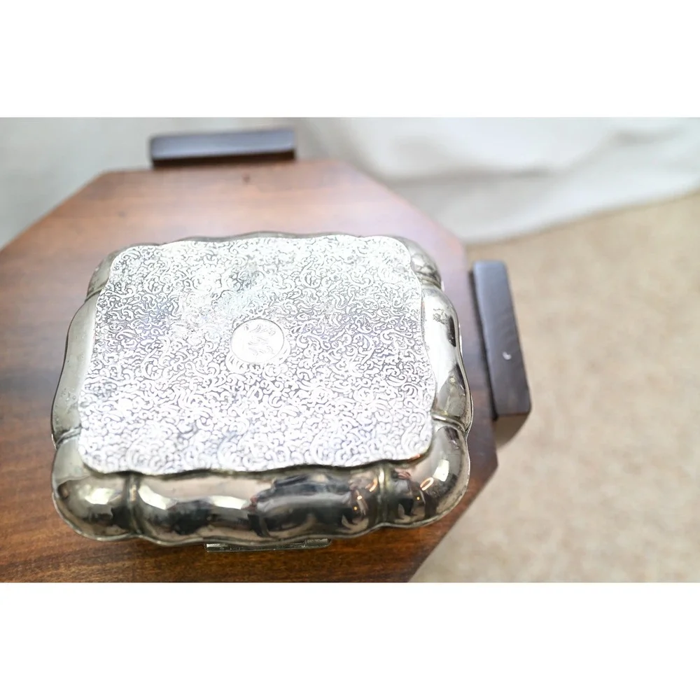 Vintage Silver Plated Jewelry Box Red Velvet Lined Ornate Repousse Floral Box